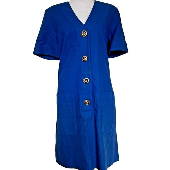Vintage Button Front Midi Dress Size 10 Blue Statement Button Short Sleeve - Picture 1 of 9
